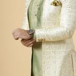 Alluring Cream Geometrical Thread Embroidered Open Sherwani with Lime Green Kurta-Pajama Set | Father Son Combo | Jaipurio Collection